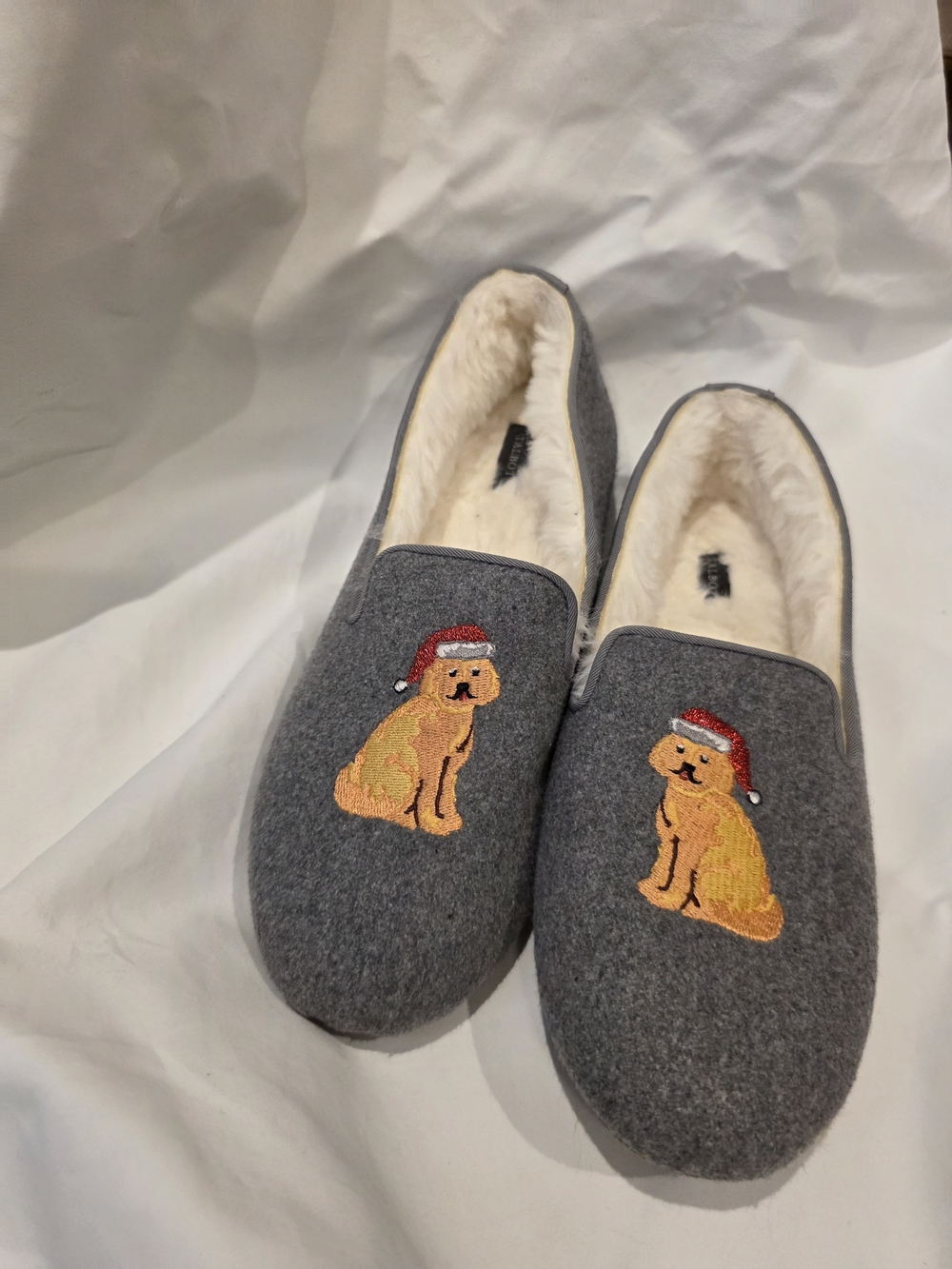 Talbots Women's Embroidered Slippers Golden Retriever Dog Santa Hat Christmas 8